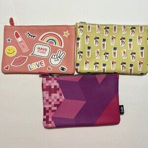IPSY Set of 3 Beauty Makeup Bags Pink Green Magenta NWOT Rainbow Peace Love
